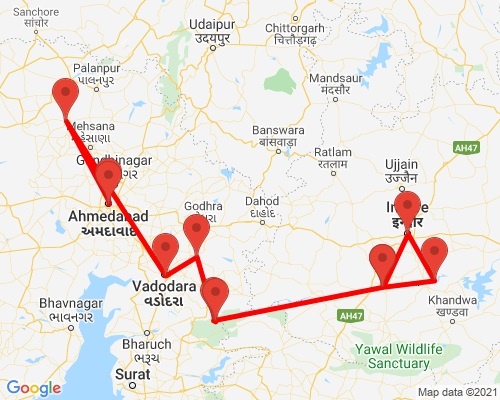 tourhub | Agora Voyages | Ahmedabad to Indore Architecture & Temple Tour | Tour Map