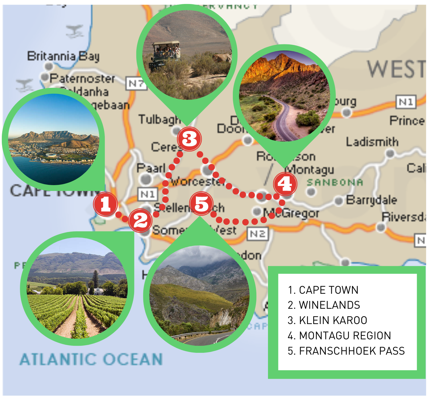 tourhub | Cape Adventure Brands | 7-Day Luxury Road Bike Tour | Tour Map
