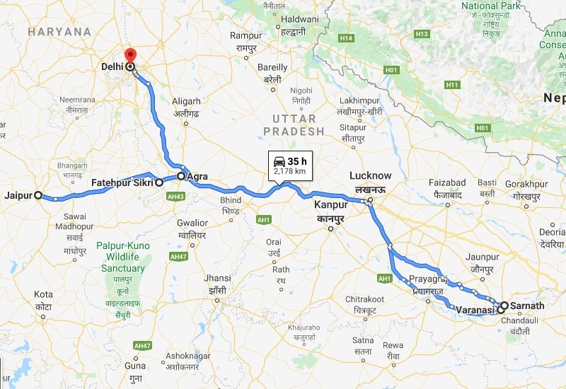 tourhub | Ramble Advisor | Golden Triangle Tour with Varanasi | Tour Map