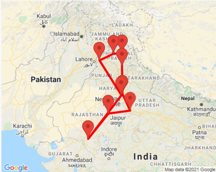 tourhub | GeTS Holidays | COLOURS OF RAJASTHAN AND HIMACHAL | Tour Map