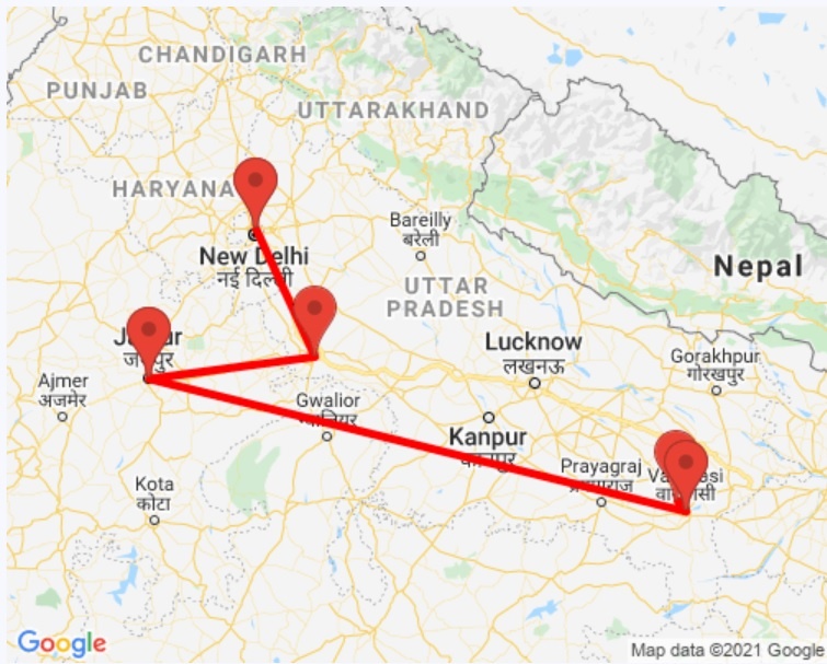 tourhub | GeTS Holidays | GOLDEN TRIANGLE WITH TEMPLE TOUR IN VARANASI | Tour Map