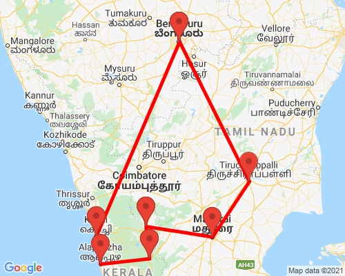 tourhub | Agora Voyages | Bangalore to Backwater of Kerala & Temples of Madurai & Trichy | Tour Map