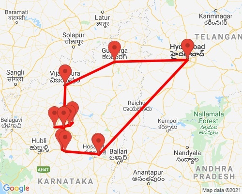 tourhub | Agora Voyages | 6-Day Private Hyderabad to Bijapur, Badami & Hampi Tour | Tour Map