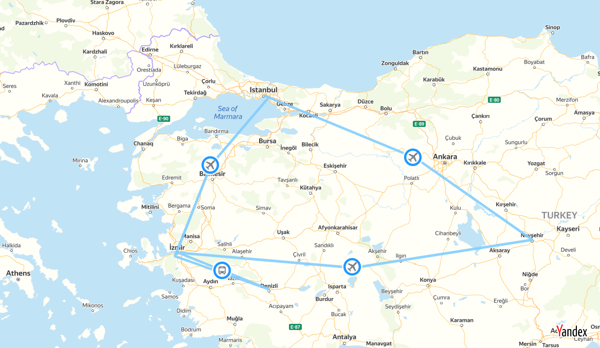 tourhub | Tour Altinkum Travel | Pearl's of Turkey-Eight Days | 593089 | Route Map