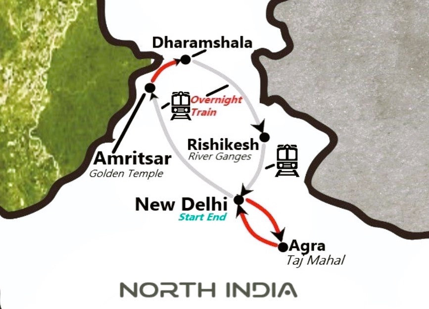 tourhub | Travel N Tours India | 12 Days Tour of Taj Mahal, Golden Temple [ Amritsar] & Rishikesh | Tour Map