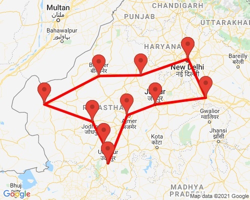 tourhub | Agora Voyages | Rajasthan Fort, Palaces, Desert and Village Tour | Tour Map