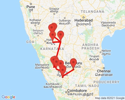 tourhub | Agora Voyages | Hubli to Badami, Hampi, Belur, Halebedu, Mysore & Bangalore Tour | Tour Map