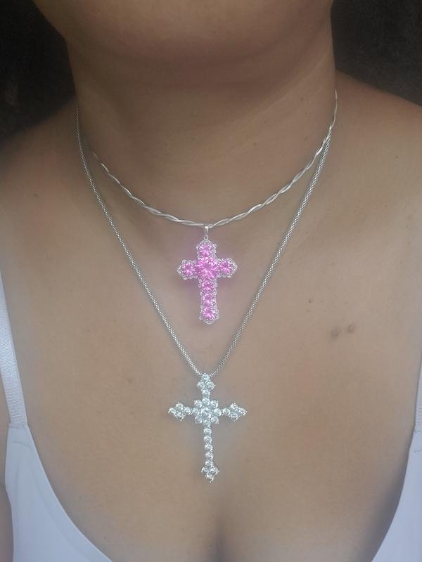 Pink Lab Created Sapphire Rhodium Over Sterling Silver Cross 