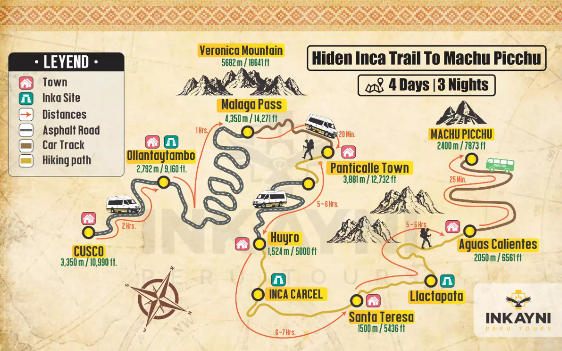 tourhub | Inkayni Peru Tours | 04 DAY HIDDEN INCA TRAIL TO MACHU PICCHU | Tour Map