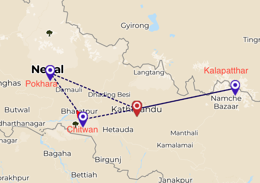 tourhub | Relax Getaways Pvt. Ltd. | Best of Nepal tour (Kathmandu, Chitwan and Pokhara) | Tour Map