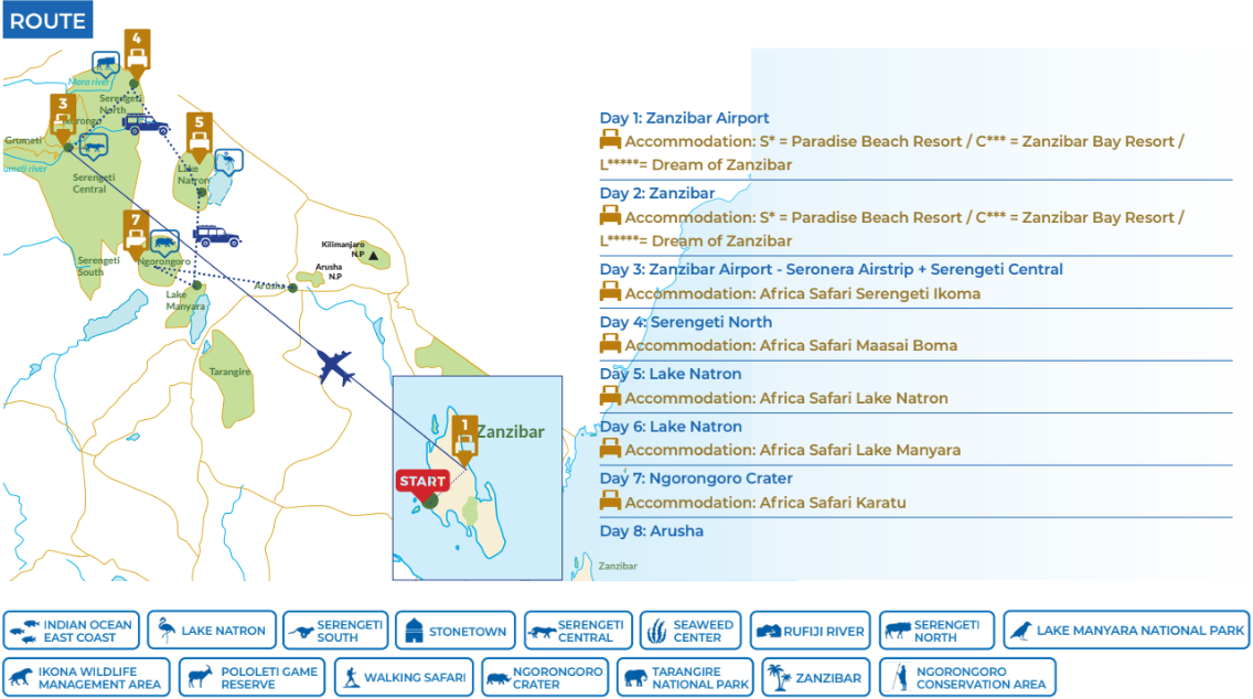 tourhub | Beach and Safari Holidays | Zanzibar & Fly-In Drive Round Trip | Tour Map