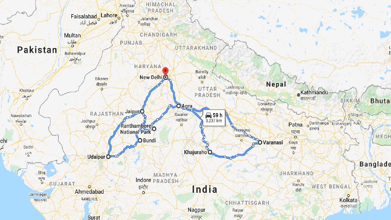 tourhub | Panda Experiences | Glorious Rajasthan Tour with Ranthambore & Taj Mahal | Tour Map