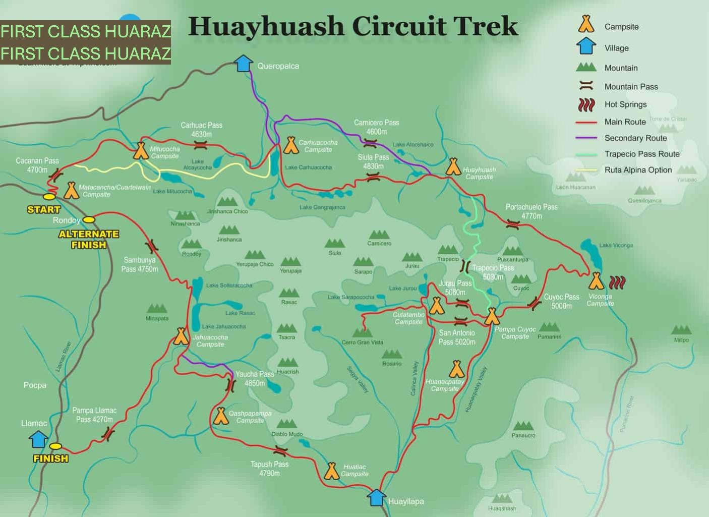 tourhub | First Class Huaraz | HOTSPRINGS TREK - Huayhuash the wonderful of the world | Tour Map