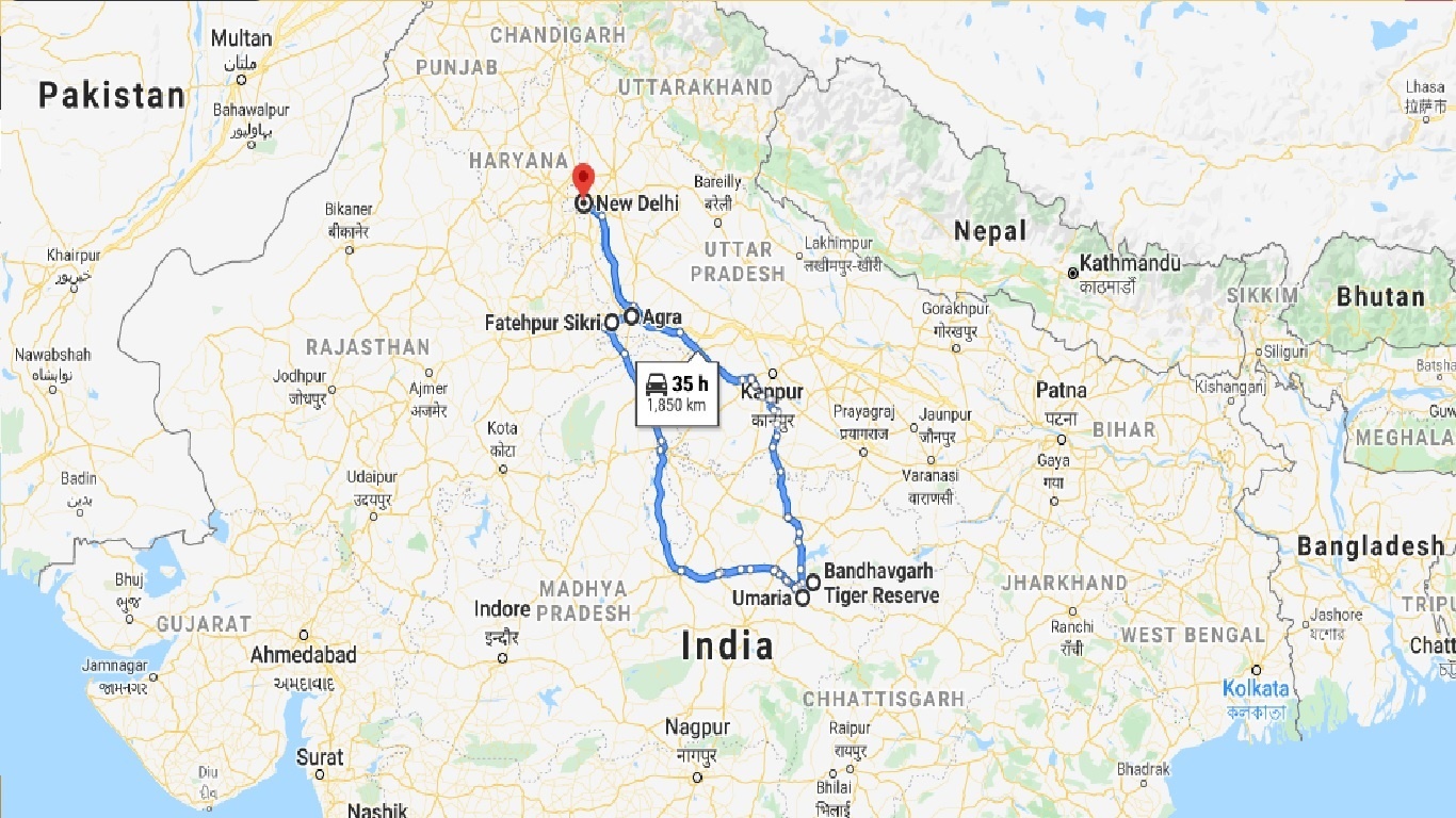 tourhub | UncleSam Holidays | Taj Mahal with Bandhavgarh Safari | Tour Map
