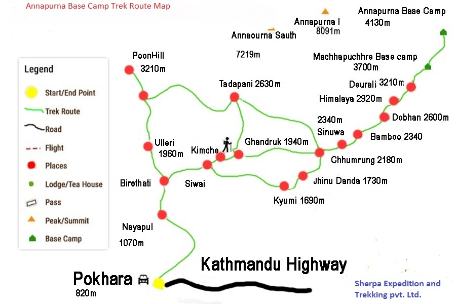 tourhub | Sherpa Expedition & Trekking | Annapurna Base Camp Trek 7 Days | Tour Map