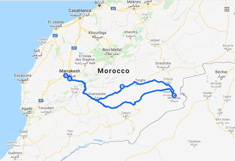 tourhub | Morocco Private Tours | 3 days Gateway to the Sahara desert – from and back to Marrakech | Tour Map