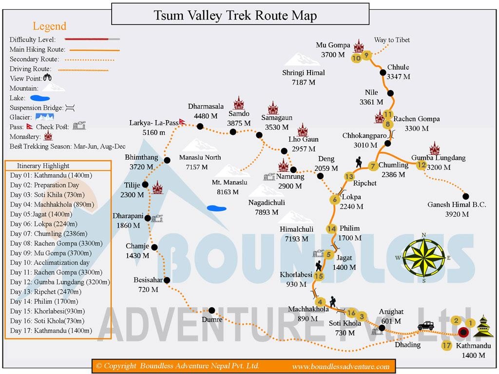 tourhub | Boundless Adventure P. Ltd. | Tsum Valley Trek | Tsum Valley | Route Map