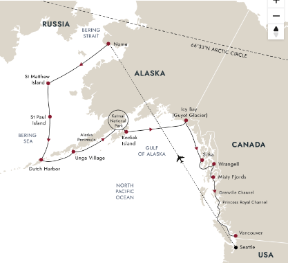 tourhub | HX Hurtigruten Expeditions | Alaska and British Columbia – Inside Passage, Bears and Aleutian Islands (Southbound) | Tour Map