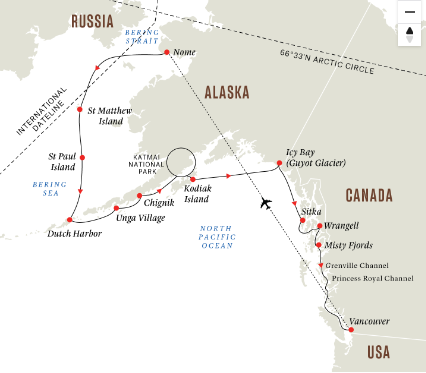 tourhub | HX Hurtigruten Expeditions | Inside Passage, Bears & Aleutian Islands | Southbound | Tour Map