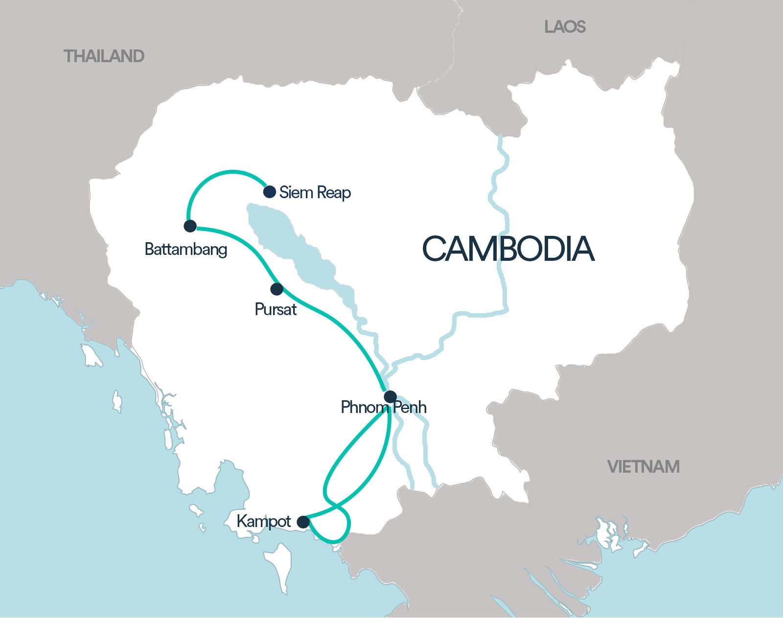 tourhub | Social Cycles | Cambodia Cycling Adventure | Siem Reap to Kampot via Phnom Penh | CAM11 | Route Map
