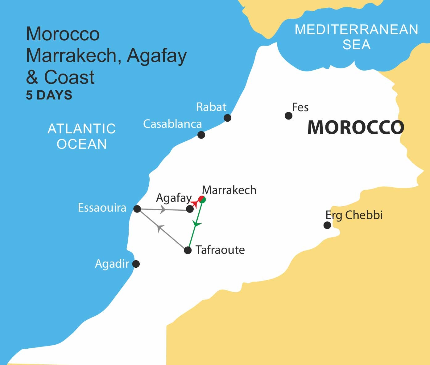 tourhub | Nomadic Tours | Marrakech, Agafay & Coast - 5 Days | Tour Map