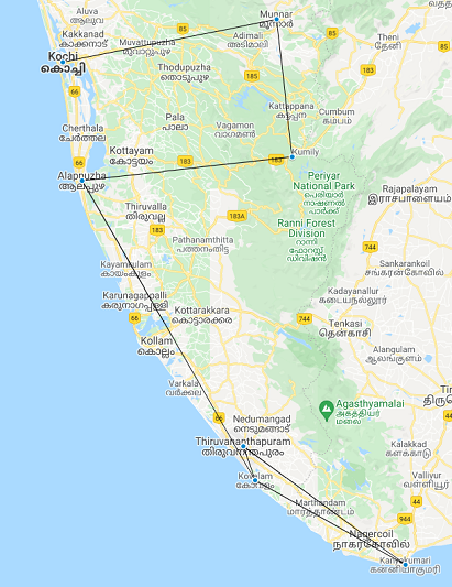 tourhub | Seven Wonder Tour and Travels | Kerala Beach & Bay Tour | Tour Map