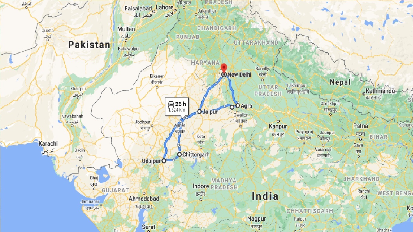 tourhub | Panda Experiences | Golden Triangle Tour With Udaipur | Tour Map