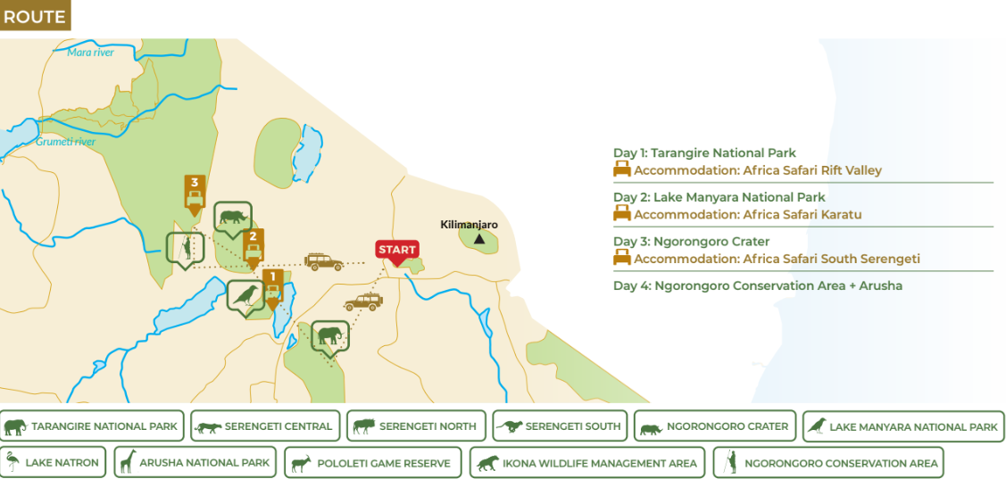 tourhub | Beach and Safari Holidays | Tanzania's Treasures: Tarangire, Manyara, and Ngorongoro | Tour Map