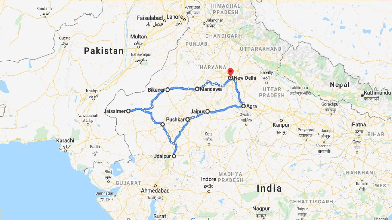 tourhub | GT India Tours | Taj Mahal Tour with Rajasthan | Tour Map