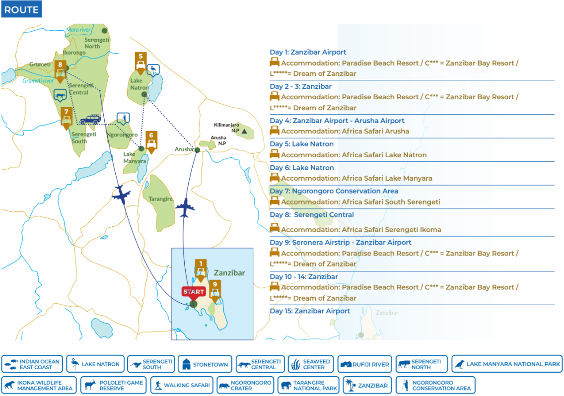 tourhub | Beach and Safari Holidays | Zanzibar & Fly-In Serengeti | Tour Map