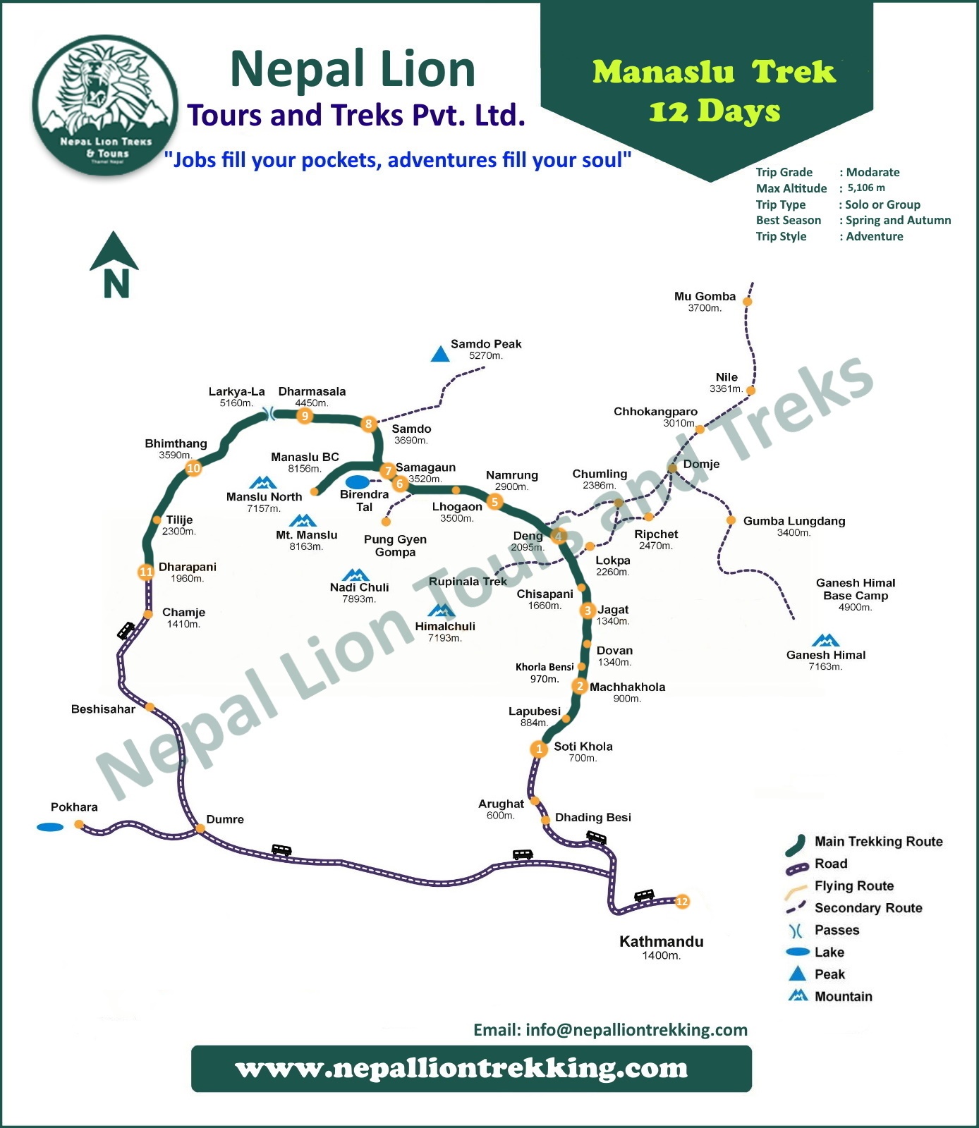 tourhub | Nepal Lion Tours and Treks | 12 Days Manaslu Circuit Trekking in Nepal | Tour Map