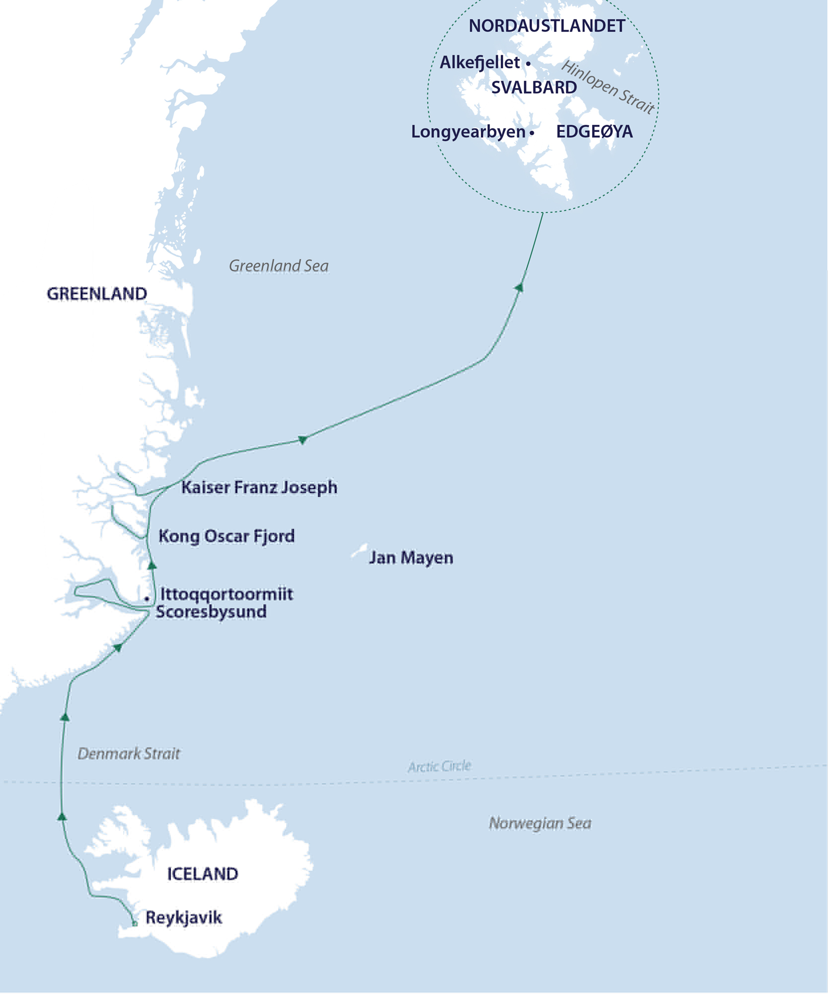 tourhub | Aurora Expeditions | Arctic Complete – Svalbard, Greenland & Iceland | Tour Map