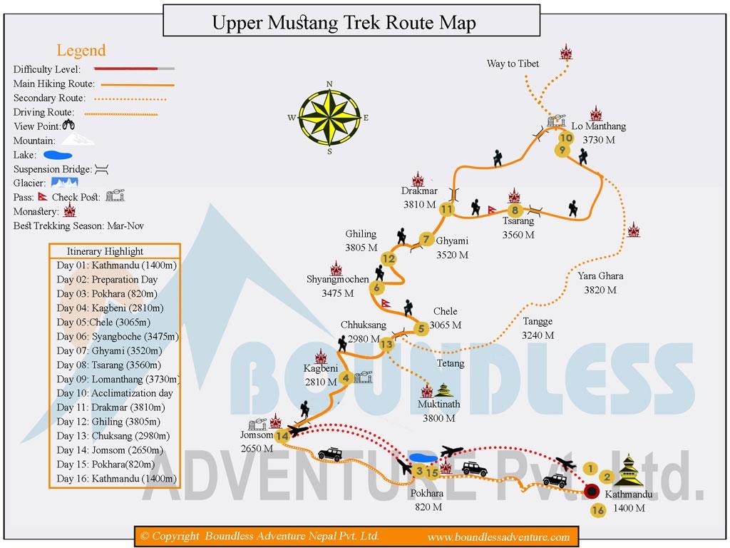 tourhub | Boundless Adventure P. Ltd. | Upper Mustang Trek | Tour Map