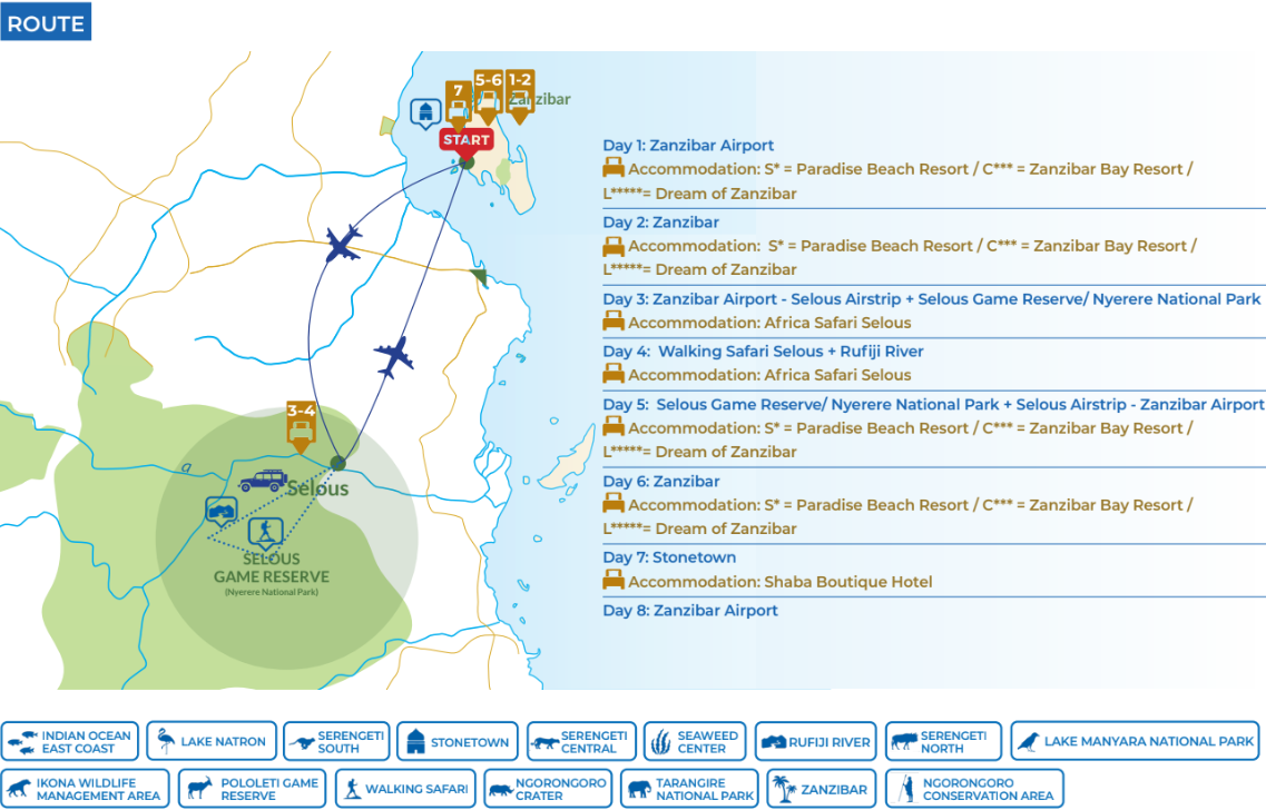 tourhub | Beach and Safari Holidays | Zanzibar and Selous | Tour Map