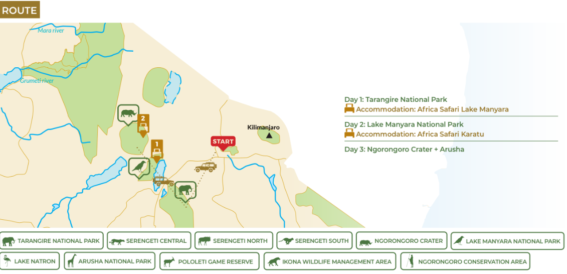 tourhub | Beach and Safari Holidays | The Ultimate 3 Day Safari in Tanzania | Tour Map