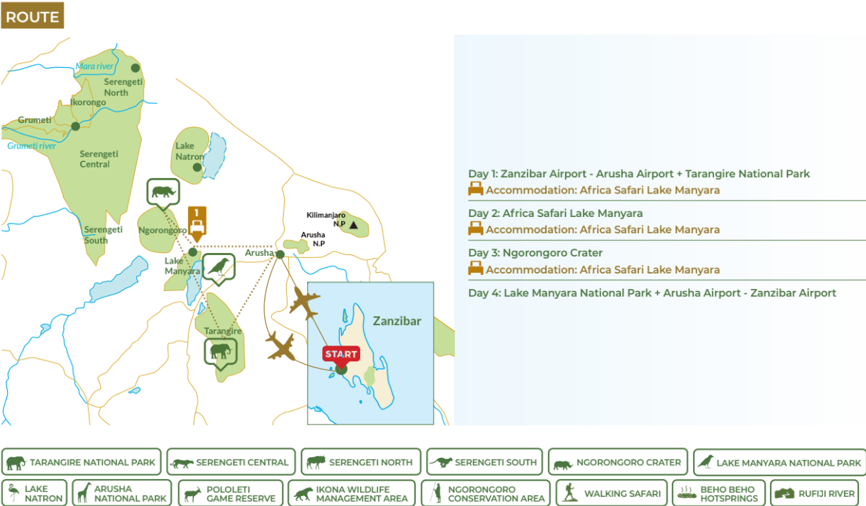 tourhub | Beach and Safari Holidays | Tarangire National Park, Optional Activity Day + Ngorongoro Crater + Manyara N.P. | Tour Map