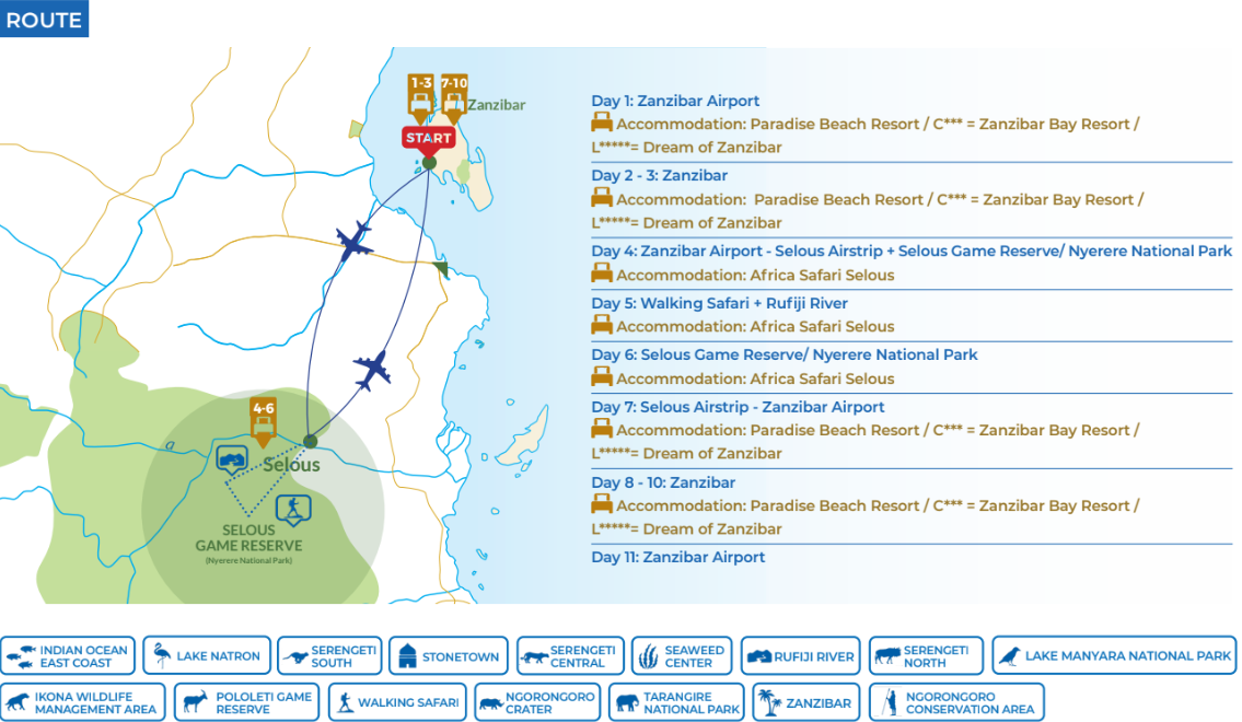 tourhub | Beach and Safari Holidays | Family Package Zanzibar & Selous / Nyerere NP | Tour Map