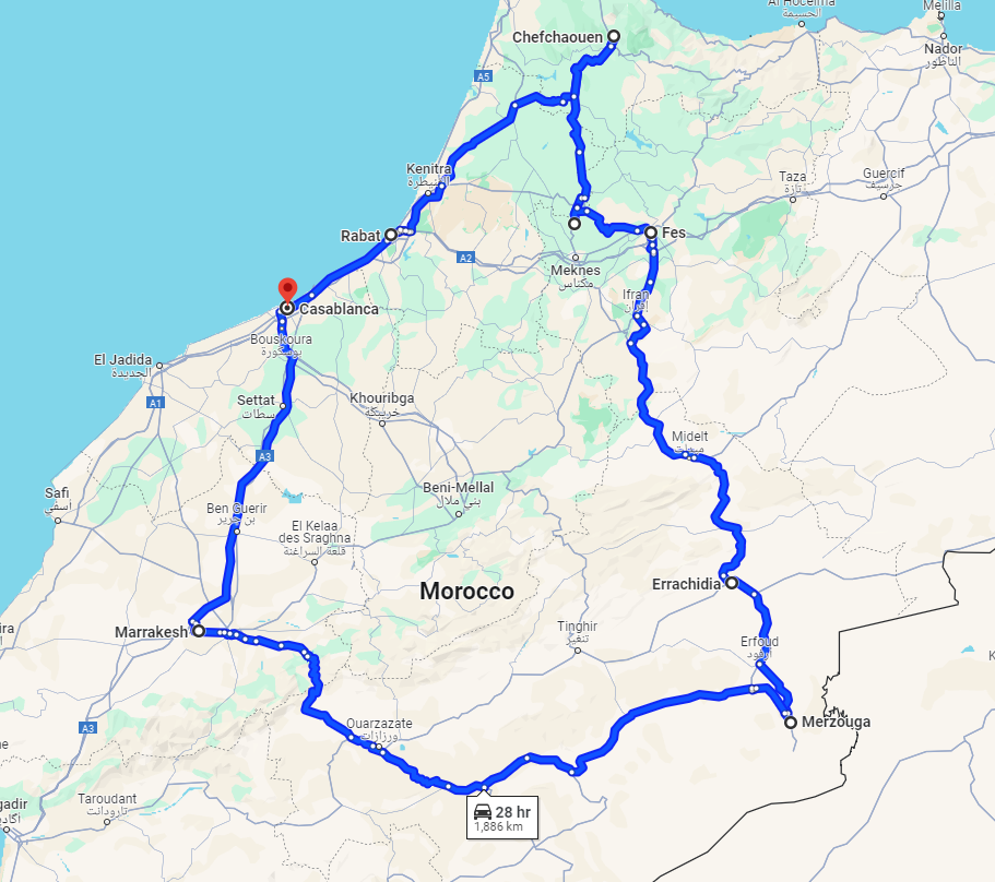 tourhub | Morocco Trips Services | 11 Days Moroccan Odyssey Journey from Casablanca | Tour Map
