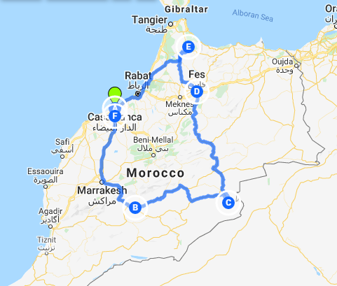 tourhub | Morocco Private Tours | 7 days Morocco Private Tour from Casablanca visiting Chefchaouen, Fes, Desert, Marrakech and more | Tour Map