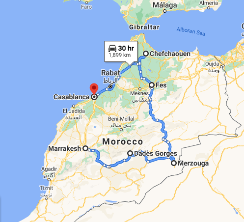 tourhub | Morocco Private Tours | 7 Days Tour from Marrakech to Casablanca visiting Sahara, Fes, Chefchaouen & more | Tour Map