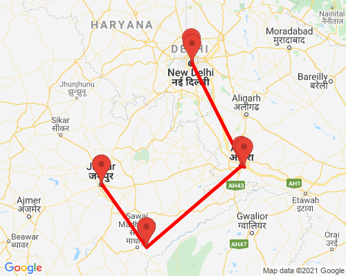 tourhub | Agora Voyages | Jaipur to Ranthambore, Agra & Delhi - Golden Triangle & Tiger Safari Tour | Tour Map