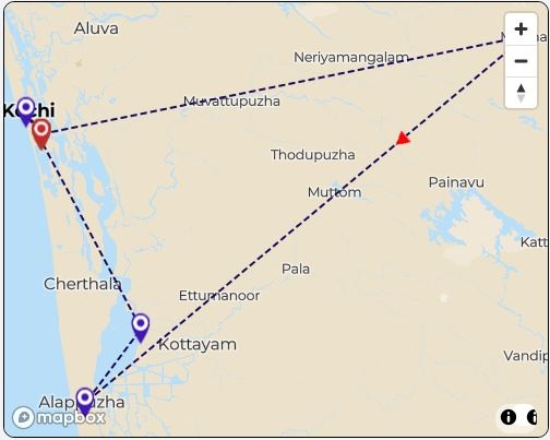tourhub | Expertise Travels | Short look Kerala Tour with Private Houseboat and Transportation | Tour Map