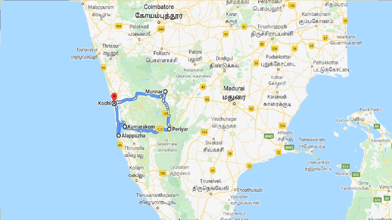 tourhub | UncleSam Holidays | Amazing Kerala 7 Day Tour | Tour Map