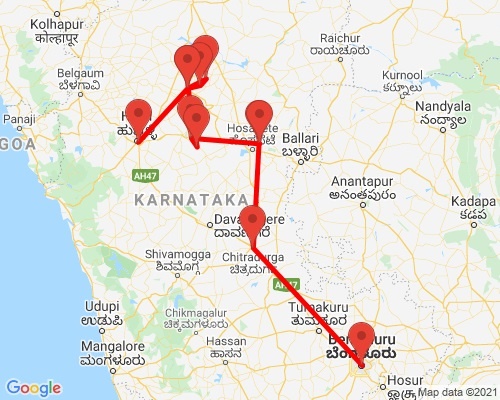 tourhub | Agora Voyages | Bangalore to Hampi & Badami | Tour Map