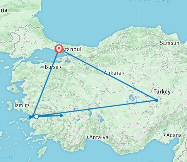 tourhub | City Of Sultans | Mini Trip to Cappadocia, Ephesus and Pamukkale | Tour Map