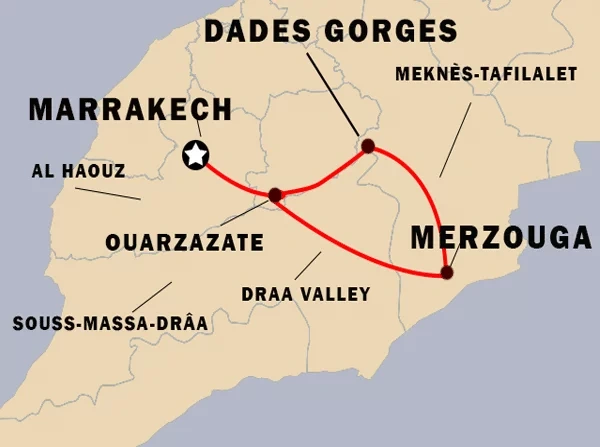 tourhub | Morocco Friendly Travel | 3 Days desert tour from Marrakech to Merzouga | Tour Map