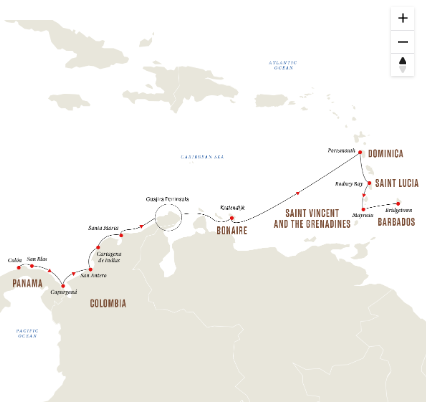 tourhub | HX Hurtigruten Expeditions | Expedition Cruise to the Southern Caribbean | Panama to Barbados | Tour Map
