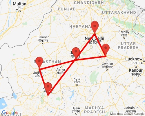 tourhub | Agora Voyages | Rajasthan (Delhi - Agra - Jaipur - Jodhpur - Udaipur) | Tour Map