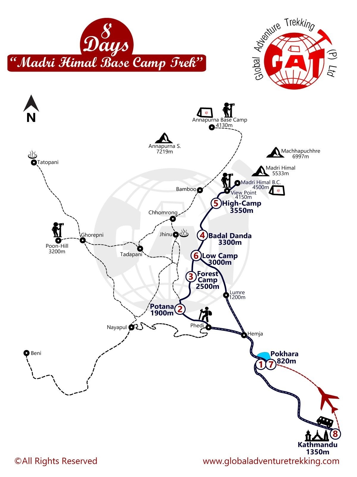 tourhub | Global Adventure Trekking | Mardi Himal Base Camp Trek | Tour Map
