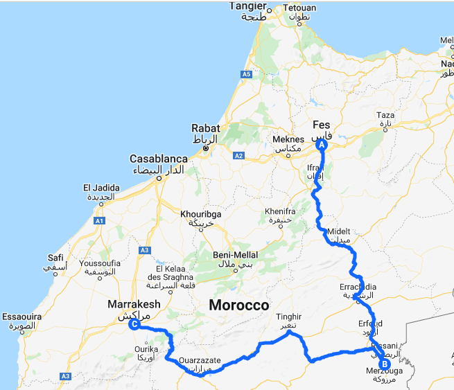 tourhub | Morocco Private Tours | 3 days desert from Fes to Marrakech. Shared Group | Tour Map